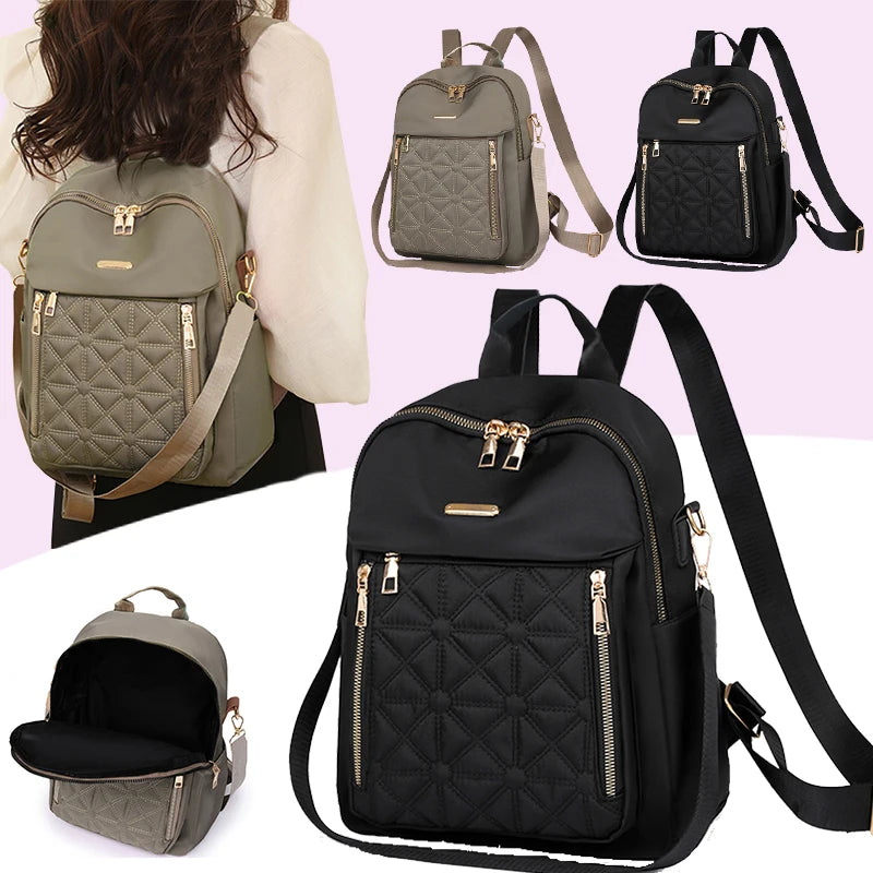 Chic Quilted Anti-theft Motorbike Backpack Multi Outer Zipper Pockets, Compact Fashion Rucksack for Leisure Outdoor Strolls