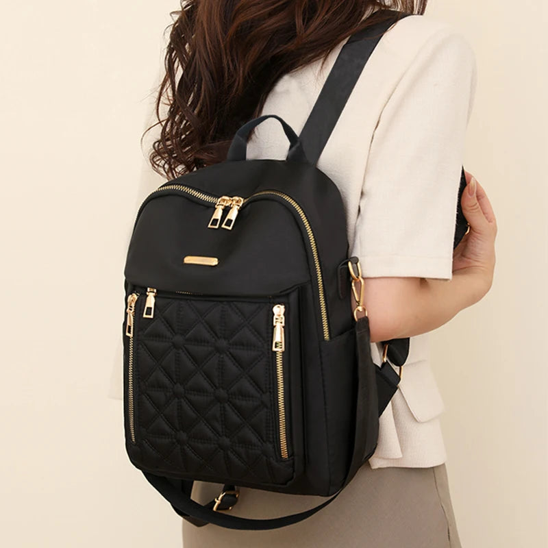 Chic Quilted Anti-theft Motorbike Backpack Multi Outer Zipper Pockets, Compact Fashion Rucksack for Leisure Outdoor Strolls