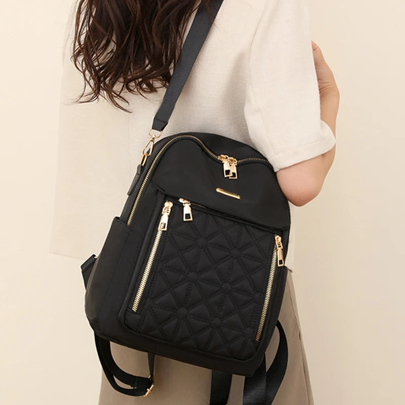 Chic Quilted Anti-theft Motorbike Backpack Multi Outer Zipper Pockets, Compact Fashion Rucksack for Leisure Outdoor Strolls